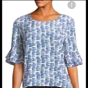 AMANDA UPRICHARD BLUE & WHITE PRINT TOP BOAT NECK RUFFLE SLEEVES WOMEN'S MEDIUM